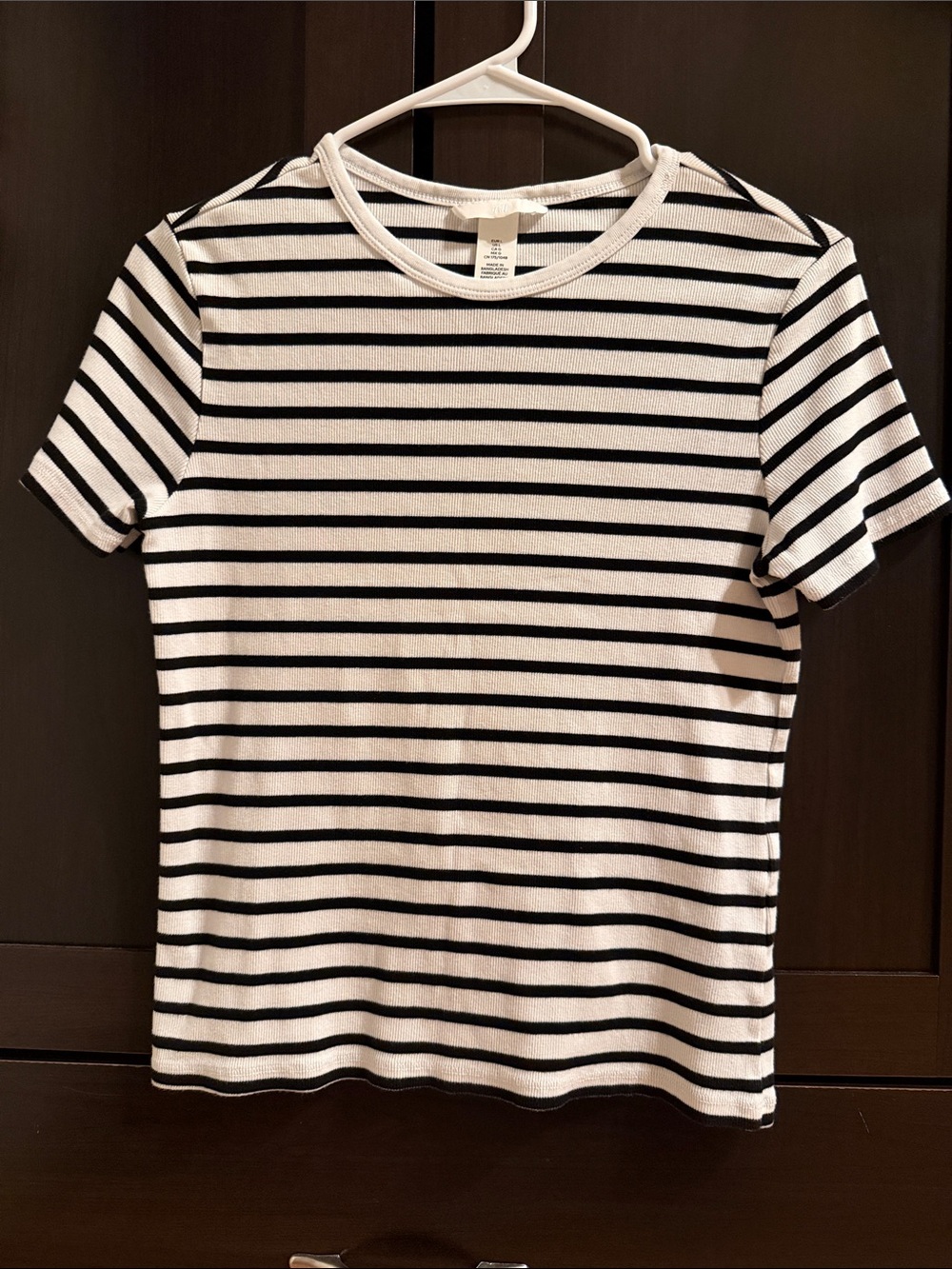 H&M White and Black Horizontal Stripe Crew Neck Tee